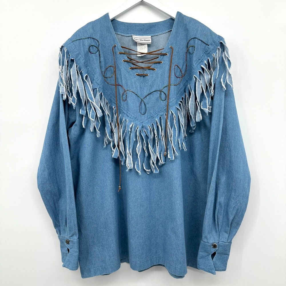 Vintage Denim Fringe Top Shirt Size 2X‎ Shoulder Pads Rodeo Cowgirl Boho Grunge